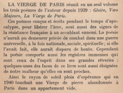 Jouve - Prière d'insérer de La Vierge de Paris - LUF - 1946