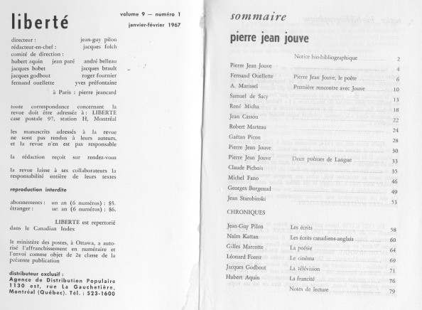 Liberté Janvier-février 1967 - Jouve - Sommaire