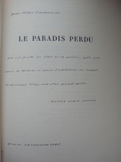 Jouve - 1942 - Le Paradis perdu - Envoi à Pierre Emmanuel